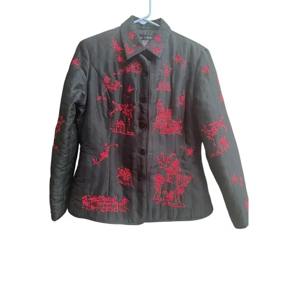Anne Carson Jackets & Blazers - Anne Carson Black Red 100%Silk Quilted Embroidered Jacket Japanese Kimono Floral